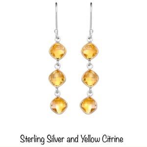 Triple Drop Cushion Cut Golden Citrine and Sterling Silver Earrings NWT